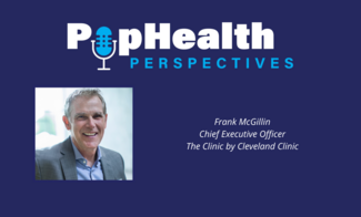 Headshot of Frank McGillin, Cleveland Clinic, on a blue background underneath the PopHealth Perspectives logo.