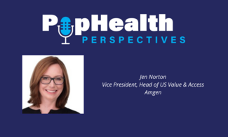 Headshot of Jen Norton, Amgen, on a blue background underneath the PopHealth Perspectives logo.