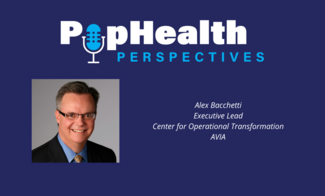 Headshot of Alex Bacchetti, AVIA, on a blue background underneath the PopHealth Perspectives logo.