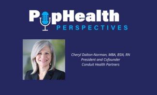 Headshot of Cheryl Dalton-Norman, Conduit Health Partners, on a blue background underneath the PopHealth Perspectives logo.