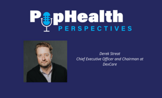 Headshot of Derek Streat on a blue background underneath the PopHealth Perspectives logo.