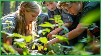 kids studying plants in the woods