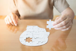 A person completes a puzzle of a profile of a head, with a piece missing from where the brain is located.