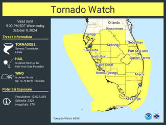 A tornado watch is in place for parts of florida until 9 p.m. Wednesday, Oct. 9, 2024. (National Weather Service/TNS)