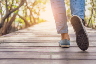 A person walks down a boarded path with sunlight and trees in the background