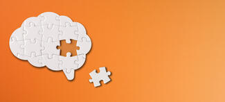 A brain puzzle against an orange background with one piece missing 