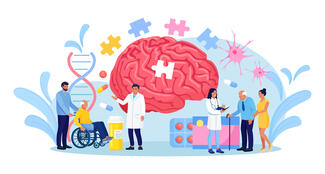 An illustration of a brain with a puzzle piece missing, surrounded by doctors with elderly patients 