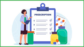 Illustration of a female doctor standing next to a giant prescription pad on a clipboard.