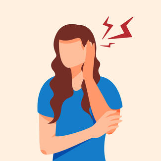 A simple graphic illustration of a woman with head pain behind her ear