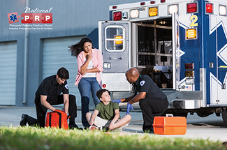 EMTs assessing a child while a parent watches