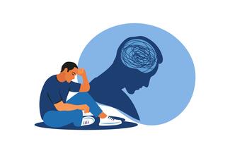 an illustration of a man sitting on the ground holding his head with his profile and brain in the background 
