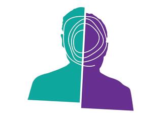 A profile of a person split in half, one half teal and the other purple, with a swirl line over the head