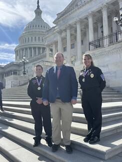 From left to right, CDST Director Sarah Stump, President & CEO Brian K. Hathaway, and Captain Paramedic Will Gardam of Spirit EMS stand on the steps of the U.S. Capitol during the American Ambulance Association Stars of Life event in Washington, D.C., representing their organization and the EMS profession on a national stage. News