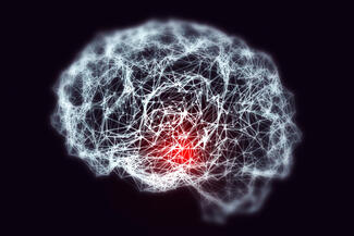 an illustration of a brain in white against a black background with a red area indicating stroke
