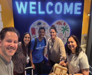 Figure 1. Arrival in Goa, India. Dr. Wayangankar is at center. To his left is structural imager Dr. Shreya Ghetiya and Todd Petering, VP, Sales & Programs, Transcatheter Heart Valves, Edwards Lifesciences. Center right is lead echo tech Mary Bold and far right is Cath Lab Supervisor Saijal Gundavda.
