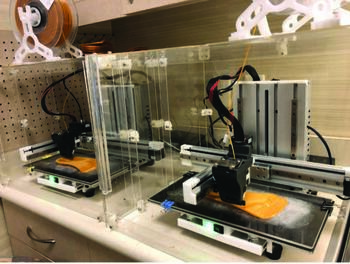 This photo series shows (from left to right) a sequence of customization for sandals. One scans the feet and then creates a digital model of the feet. Next a digital model of the sandal foot bed is designed around the model of the foot and printed. Finishing work involves laser-cutting a custom outsole then gluing on a top cover, outsole and straps. (Courtesy of OLT Footcare)
