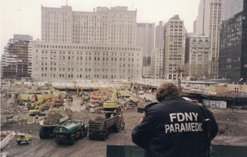 An FDNY EMS captain surveys the site from the top of FDNY’s 10 House. 