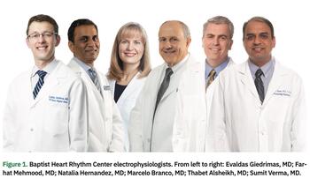 Baptist Heart Rhythm Center electrophysiologists. From left to right: Dr.  Giedrimas, Dr.  Mehmood, Dr. Hernandez, Dr. Branco, Dr. Alsheikh, Dr. Verma