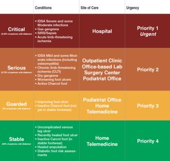 A 2020 article recommended the implementation of an at-risk triage system to assist podiatrists in adapting to the evolving system of care during the COVID-19 pandemic. Figure used with permission from the American Podiatric Medical Association. Original available at https://doi.org/10.7547/20-051.