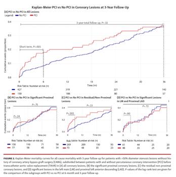 Kaplan-Meier mortality curves for all-cause mortality with 3-year follow-up for patients with >50% diameter stenosis lesions without history of coronary artery bypass graft surgery