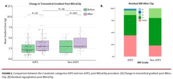 Comparison between the 2 anatomic categories A2P2 and non-A2P2, post MitraClip procedure.
