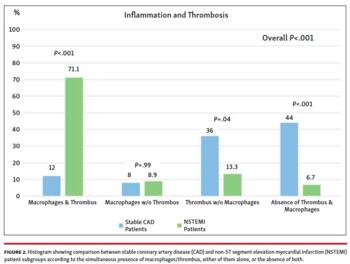 Histogram showing comparison between stable coronary artery disease (CAD) and non-ST segment elevation myocardial infarction (NSTEMI) patient subgroups