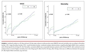 Landmark analysis on 30-day and post 30-day major adverse cardiovascular event (MACE) rate and mortality rate according to thrombus burden.