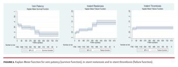 Kaplan-Meier function for vein patency (survivor function), in-stent restenosis and in-stent thrombosis (failure function).
